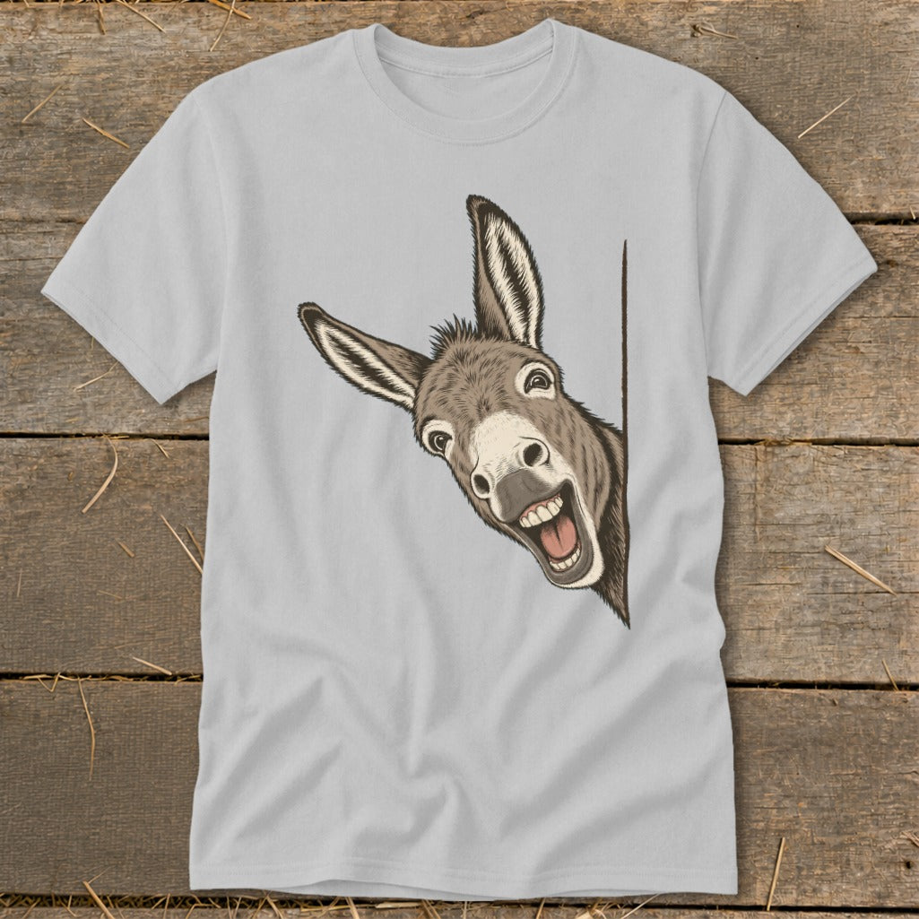 Light grey t-shirt with a cartoon donkey peeking from the side.