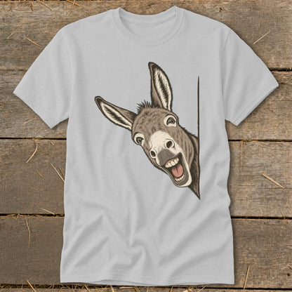 Light grey t-shirt with a cartoon donkey peeking from the side.