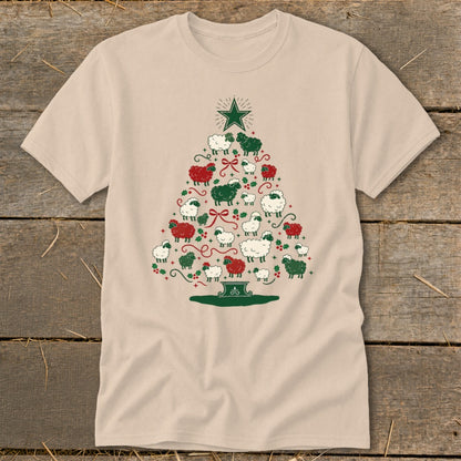 Light tan t-shirt with a Christmas tree design made of sheep.