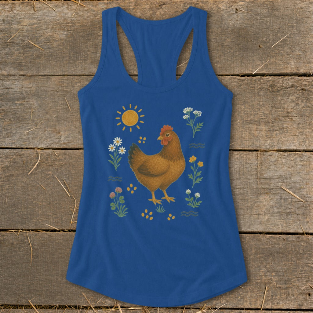 Blue tank top with a chicken and flowers graphic design.