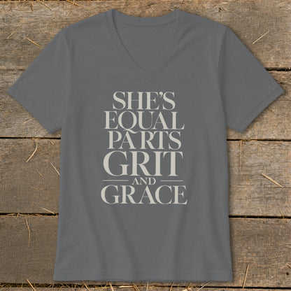 Gray v-neck t-shirt with "She's Equal Parts Grit and Grace" text design.