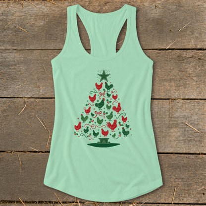 Mint green tank top with a Christmas tree made of red and green chickens.