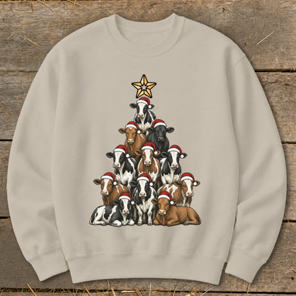 Crewneck sweatshirt with a Christmas tree made of cows wearing Santa hats.