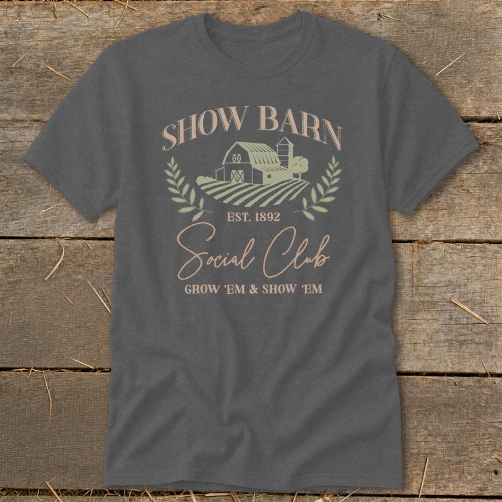 Show Barn Social Club t-shirt with barn and fields graphic.
