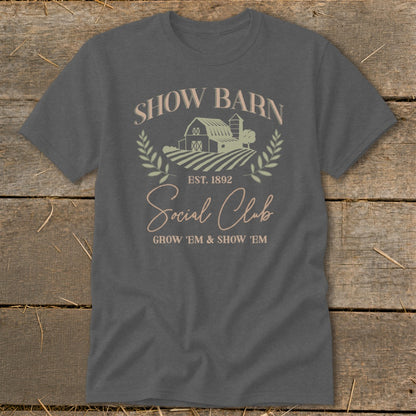 Show Barn Social Club t-shirt with barn and fields graphic.