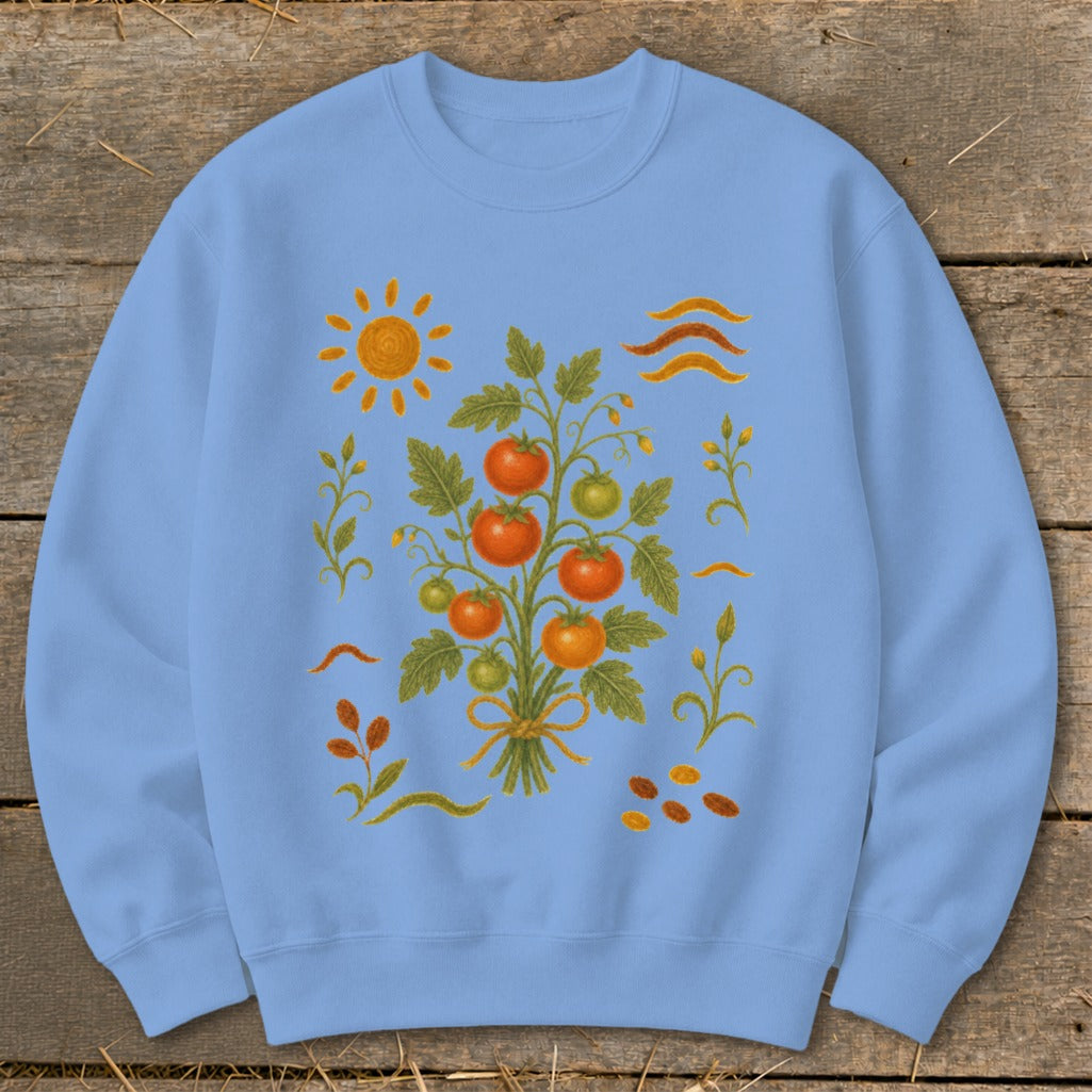 Light blue sweatshirt with a stylized tomato plant, sun, and wavy lines design.