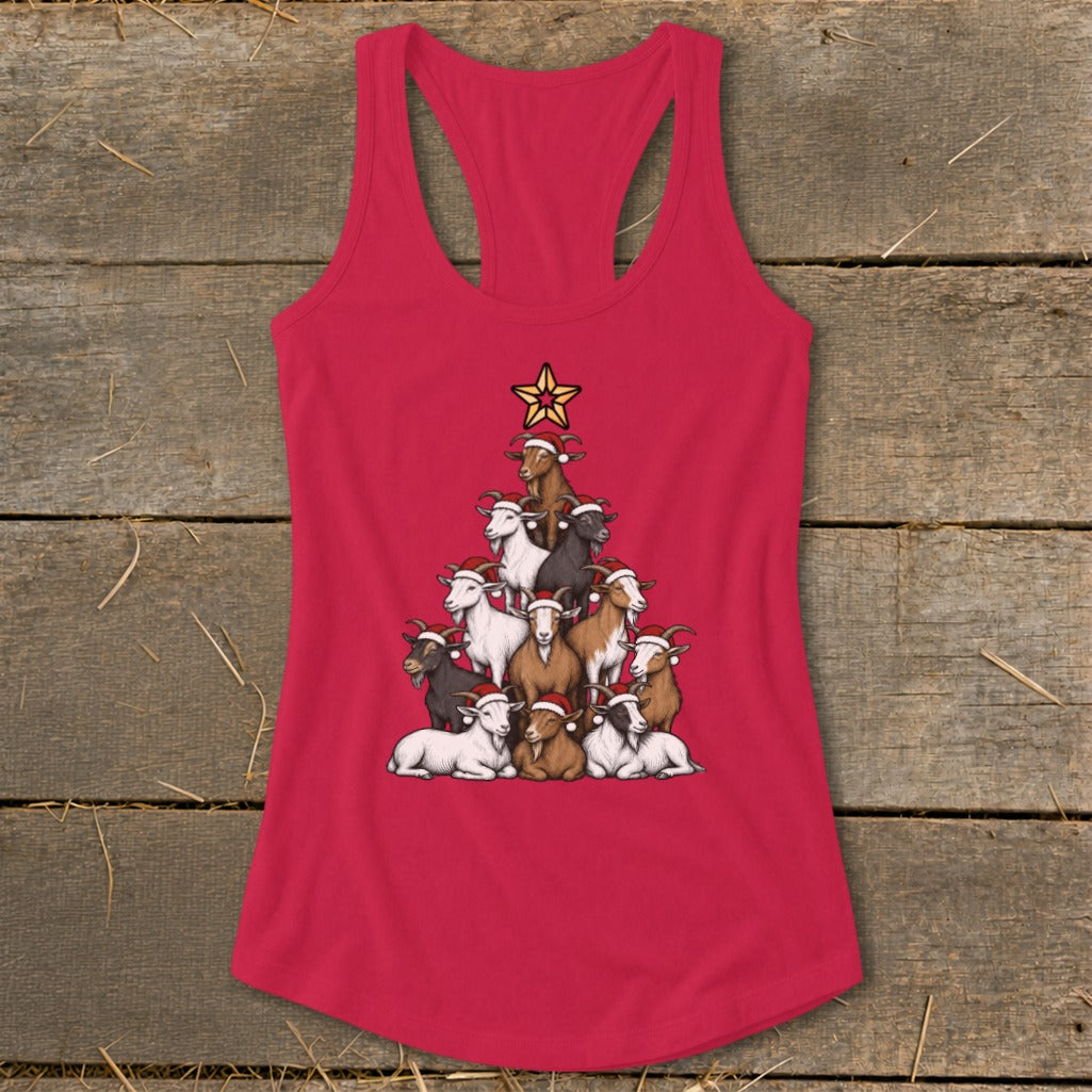 Red tank top with a Christmas tree made of goats wearing Santa hats.