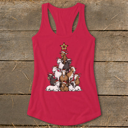 Red tank top with a Christmas tree made of goats wearing Santa hats.