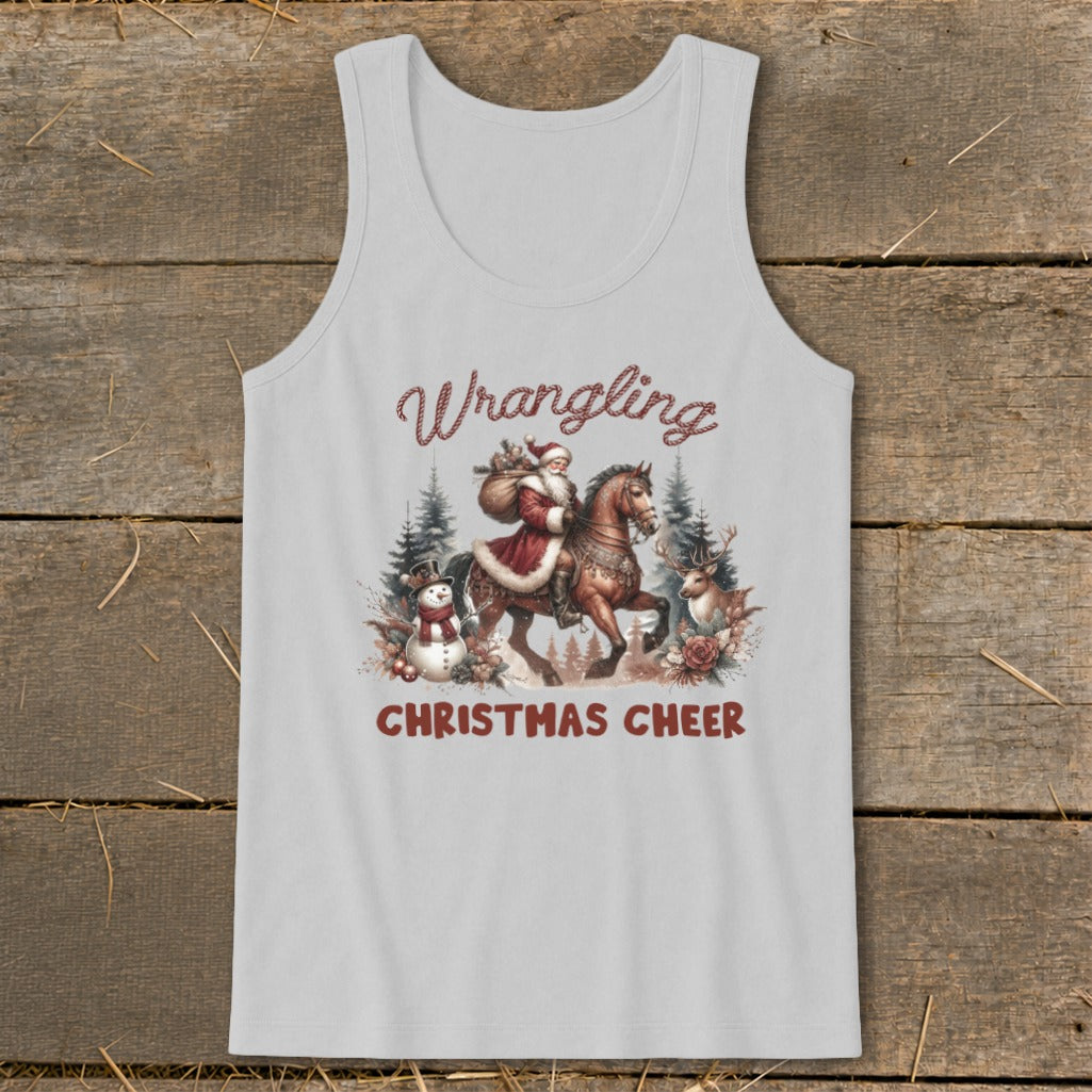 Santa on horseback with snowman and deer, text "Wrangling Christmas Cheer".