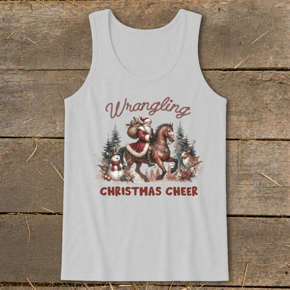 Santa on horseback with snowman and deer, text "Wrangling Christmas Cheer".