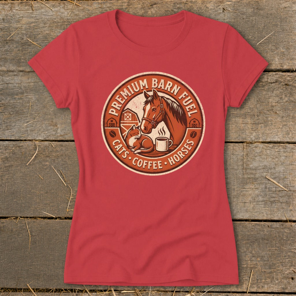 Red t-shirt with a circular graphic of a horse, cat, and coffee mug with text.