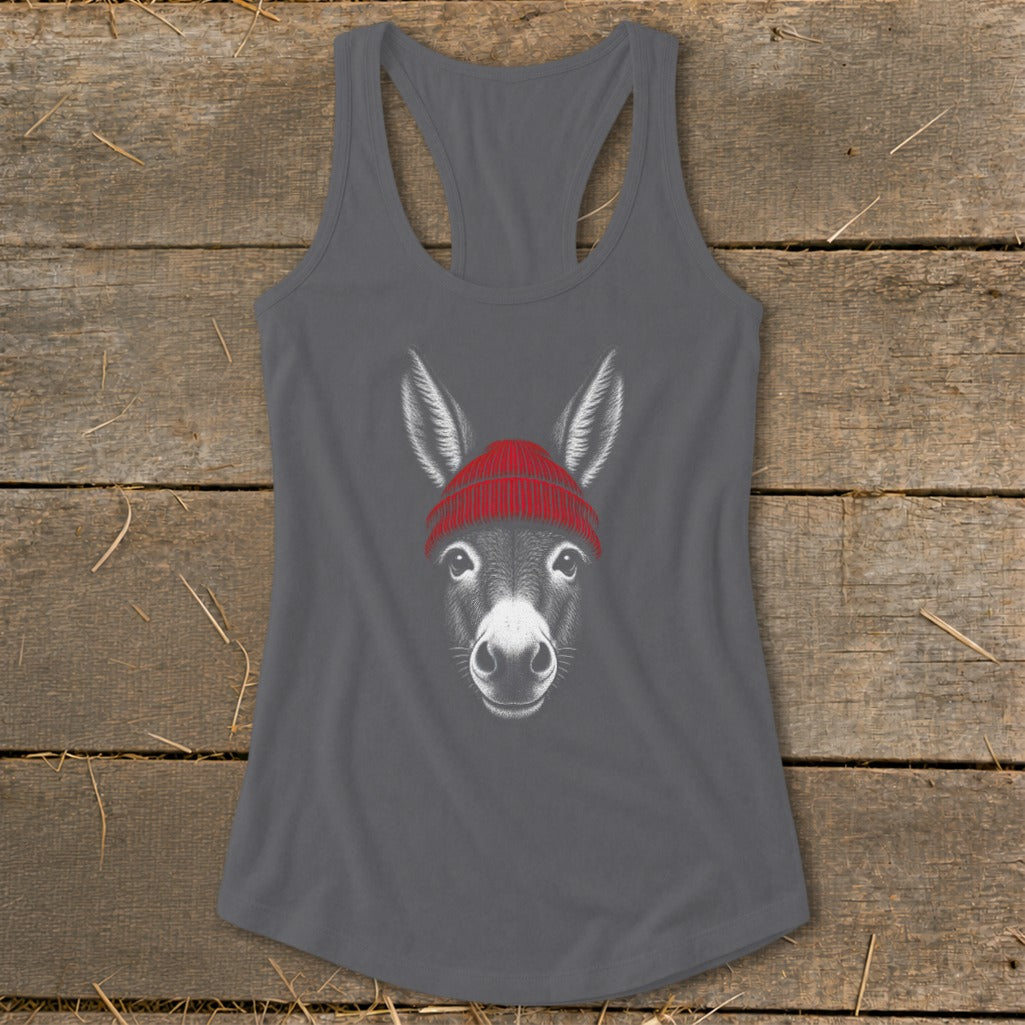 Dark gray women's racerback tank top featuring a graphic of a donkey wearing a red beanie.