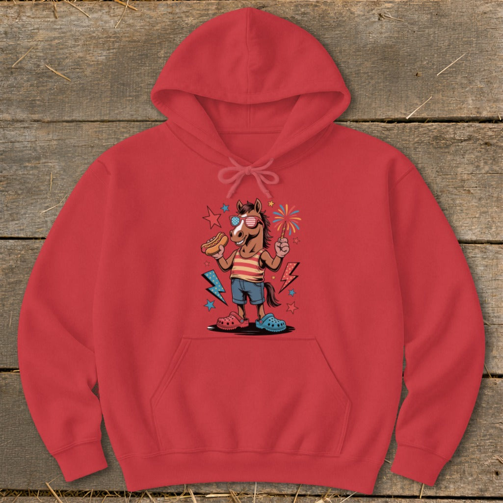 Red hoodie featuring a cartoon horse with sunglasses holding a hot dog and sparkler.