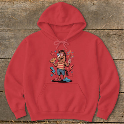 Red hoodie featuring a cartoon horse with sunglasses holding a hot dog and sparkler.