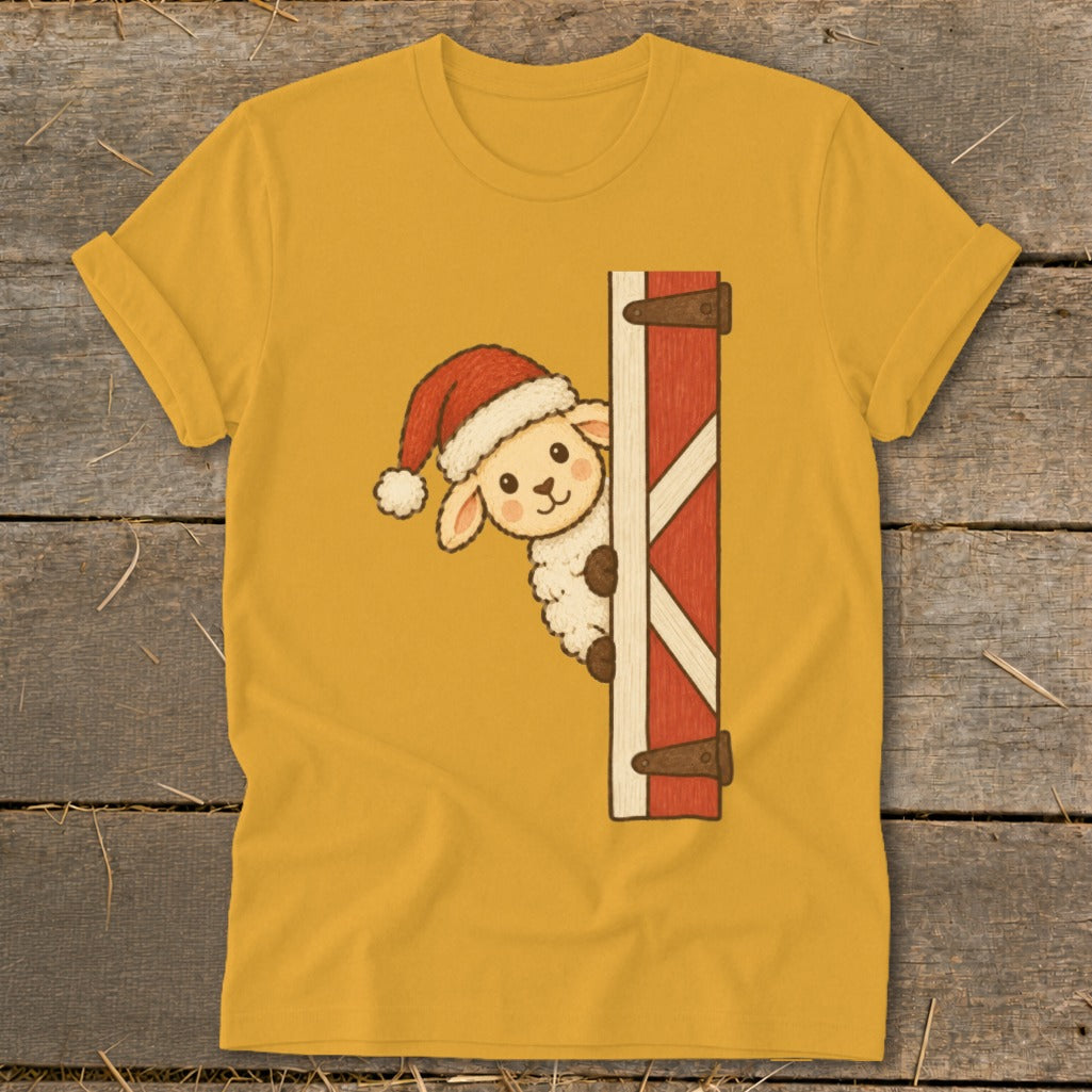 A cartoon sheep in a Santa hat peeks from behind a red barn door.