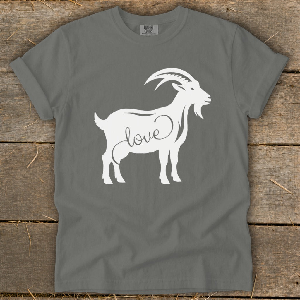 White goat silhouette with the word "love" on a grey t-shirt.