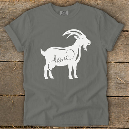 White goat silhouette with the word "love" on a grey t-shirt.