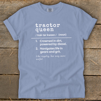 Light blue t-shirt with "tractor queen" definition printed in white text.