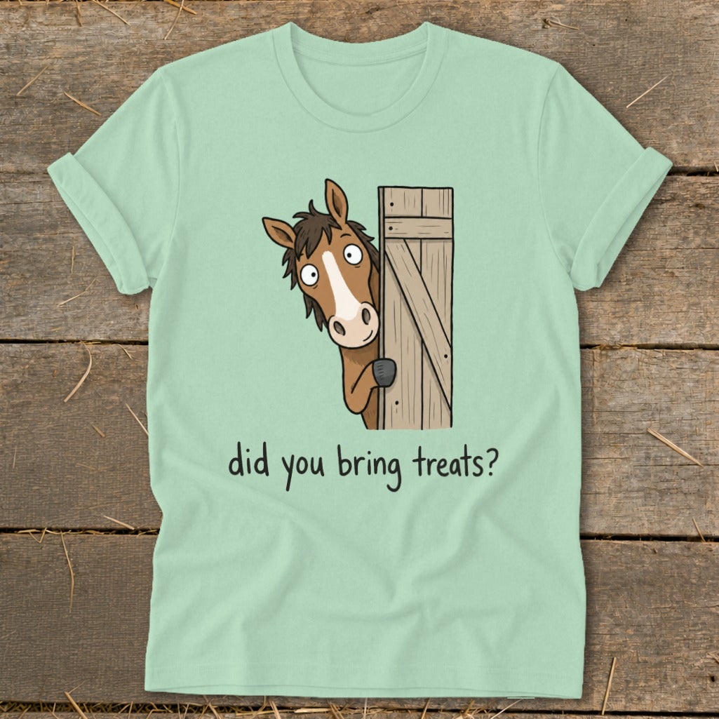 Cartoon horse peeks around a wooden gate with text "did you bring treats?".