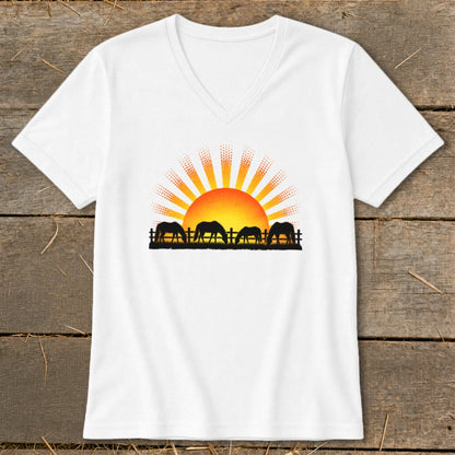 White t-shirt with horses grazing at sunset graphic.