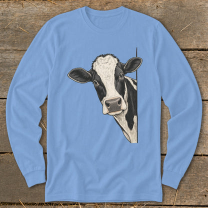 Long sleeve light blue shirt with a black and white cow peeking from the side.