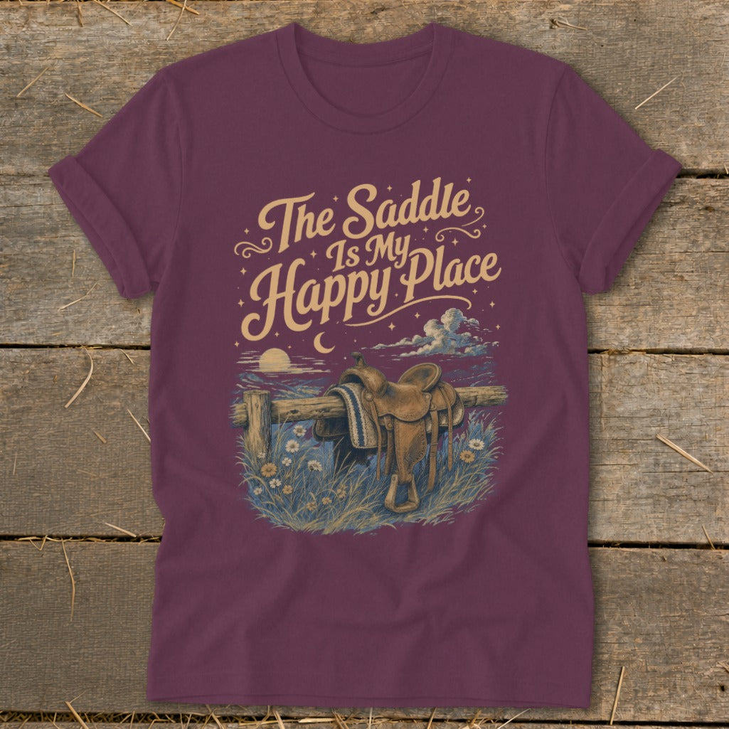 Maroon t-shirt with Western saddle graphic and text "The Saddle Is My Happy Place".