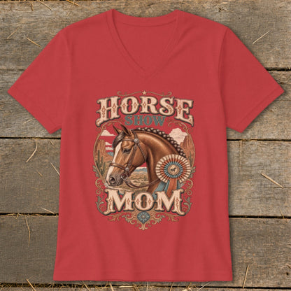 Red t-shirt with "Horse Show Mom" text and a horse graphic with a ribbon.