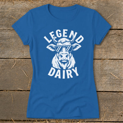 Blue t-shirt with white "Legend Dairy" text and a cow wearing sunglasses.