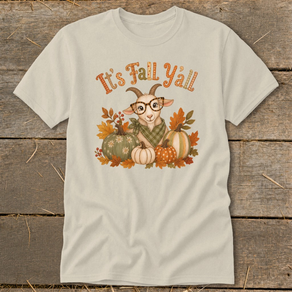 Goat wearing glasses and bandana with pumpkins and fall leaves, text "It's Fall Yall".