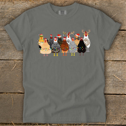 Group of festive chickens wearing Santa hats and Christmas lights, some with antlers.