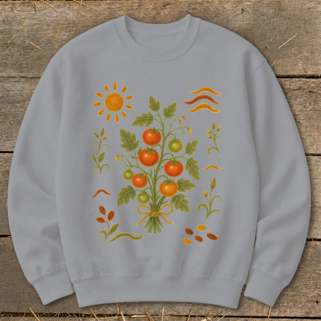 Light gray sweatshirt with a stylized tomato plant, sun, and seed design.