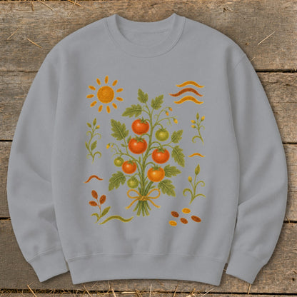 Light gray sweatshirt with a stylized tomato plant, sun, and seed design.