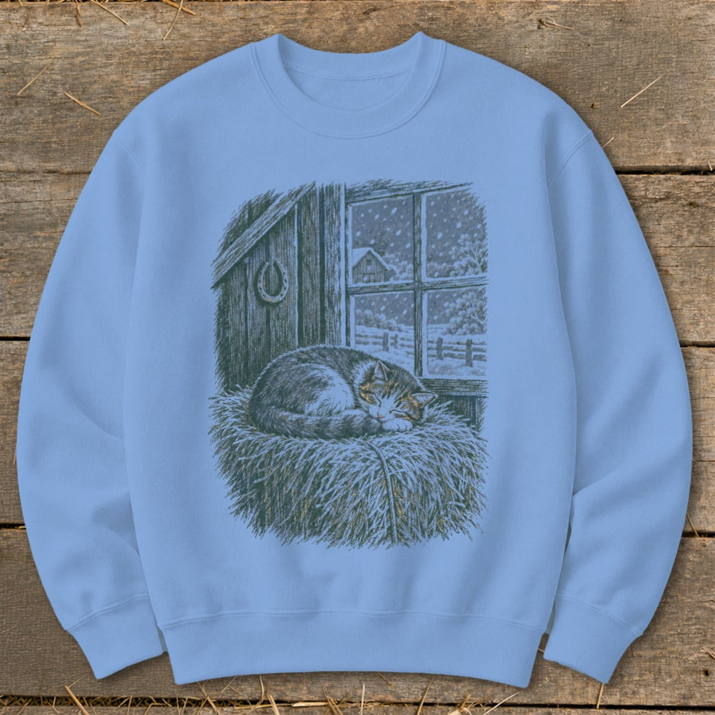 Light blue sweatshirt with a cat sleeping on hay by a snowy barn window.