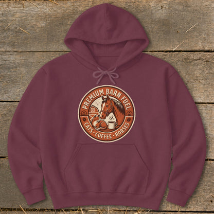 Maroon hoodie with "Premium Barn Fuel" logo featuring horse, cat, coffee cup, and text.