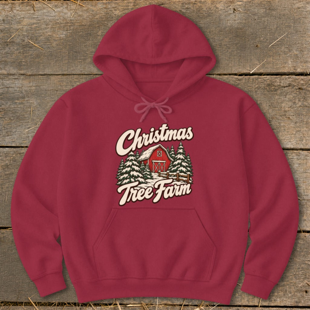 Maroon hoodie with "Christmas Tree Farm" graphic featuring a red barn and pine trees.