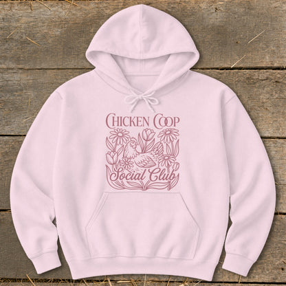 Pink hoodie with "Chicken Coop Social Club" text and a chicken and flowers graphic.