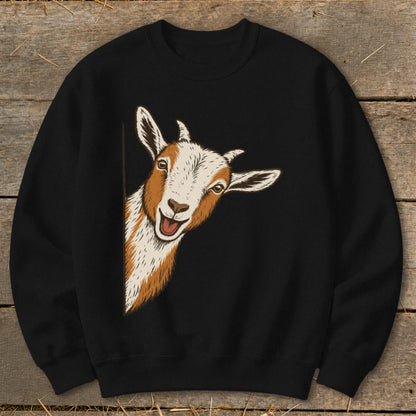 Black sweatshirt with a peeking goat illustration on the front.