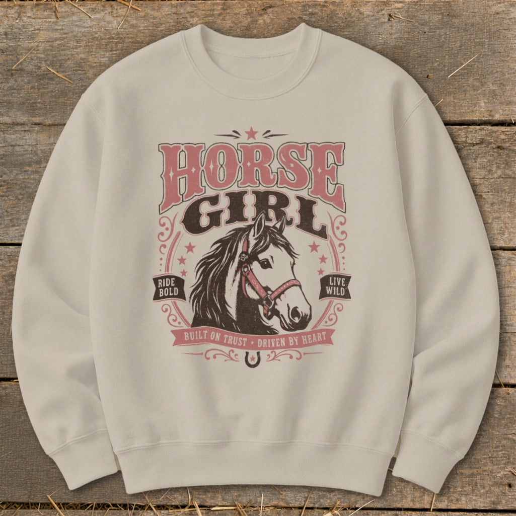 Light tan sweatshirt with "HORSE GIRL" text and a horse head graphic.