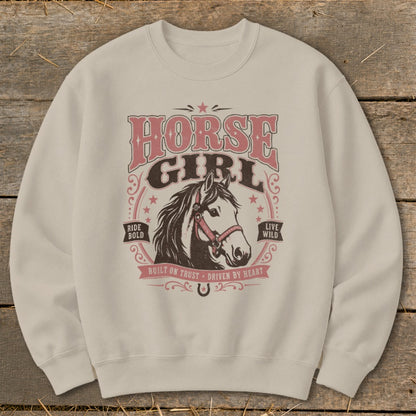 Light tan sweatshirt with "HORSE GIRL" text and a horse head graphic.