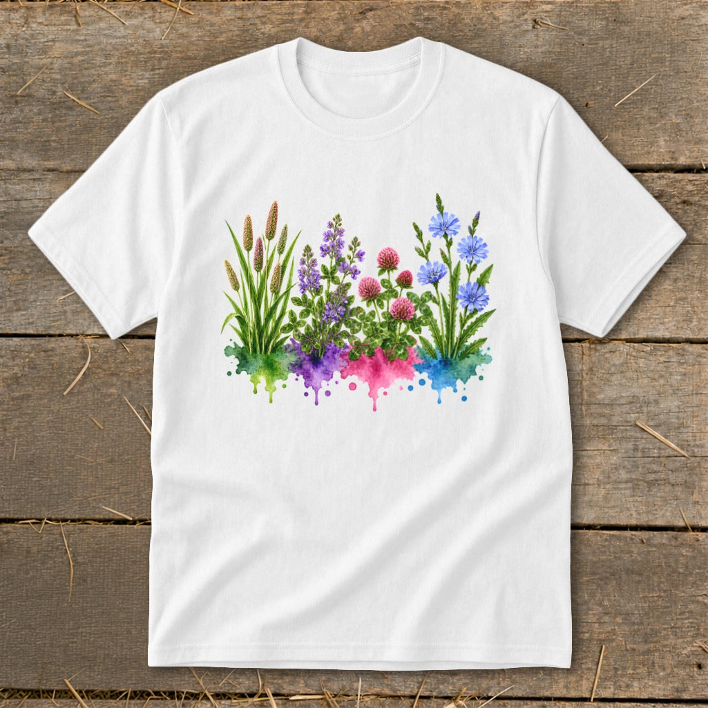 A white t-shirt featuring a watercolor botanical print of colorful wildflowers resting on a wooden background.