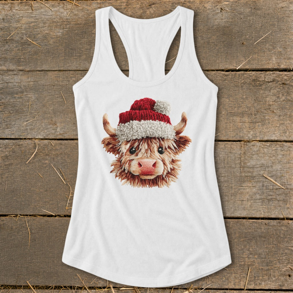 White tank top with a Highland cow wearing a Santa hat graphic.