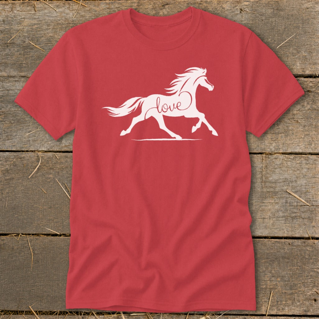 Red t-shirt with white silhouette of a running horse and the word "love."