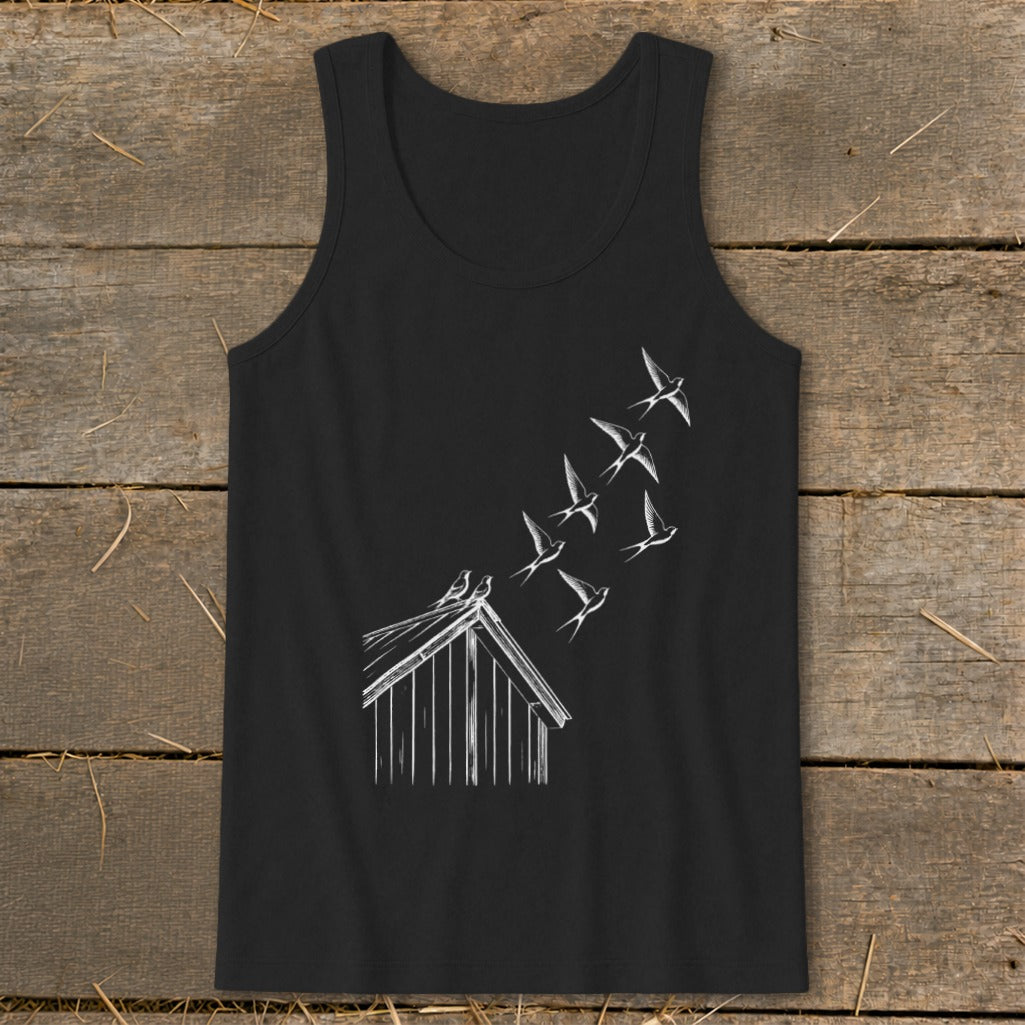Black tank top featuring a white line drawing of a small cabin and flock of birds.