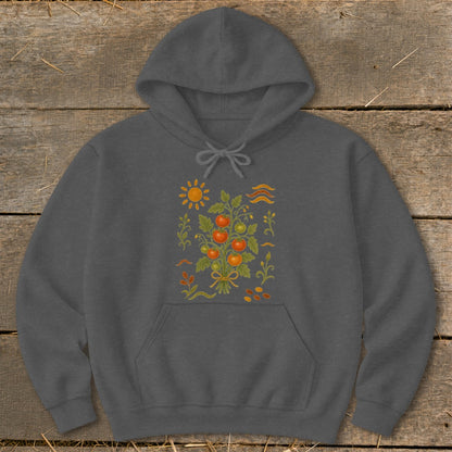 Dark gray hoodie with a colorful tomato plant illustration on the chest.