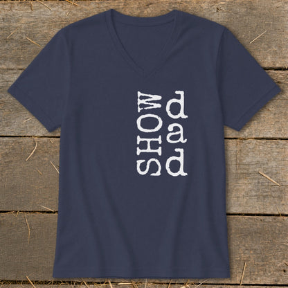 Navy v-neck t-shirt with white vertical text reading "SHOW dad".