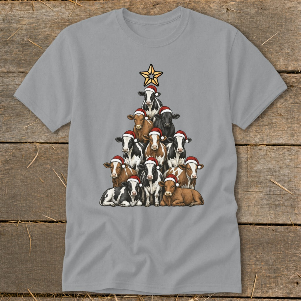 Christmas tree made of cows wearing Santa hats with a star on top.
