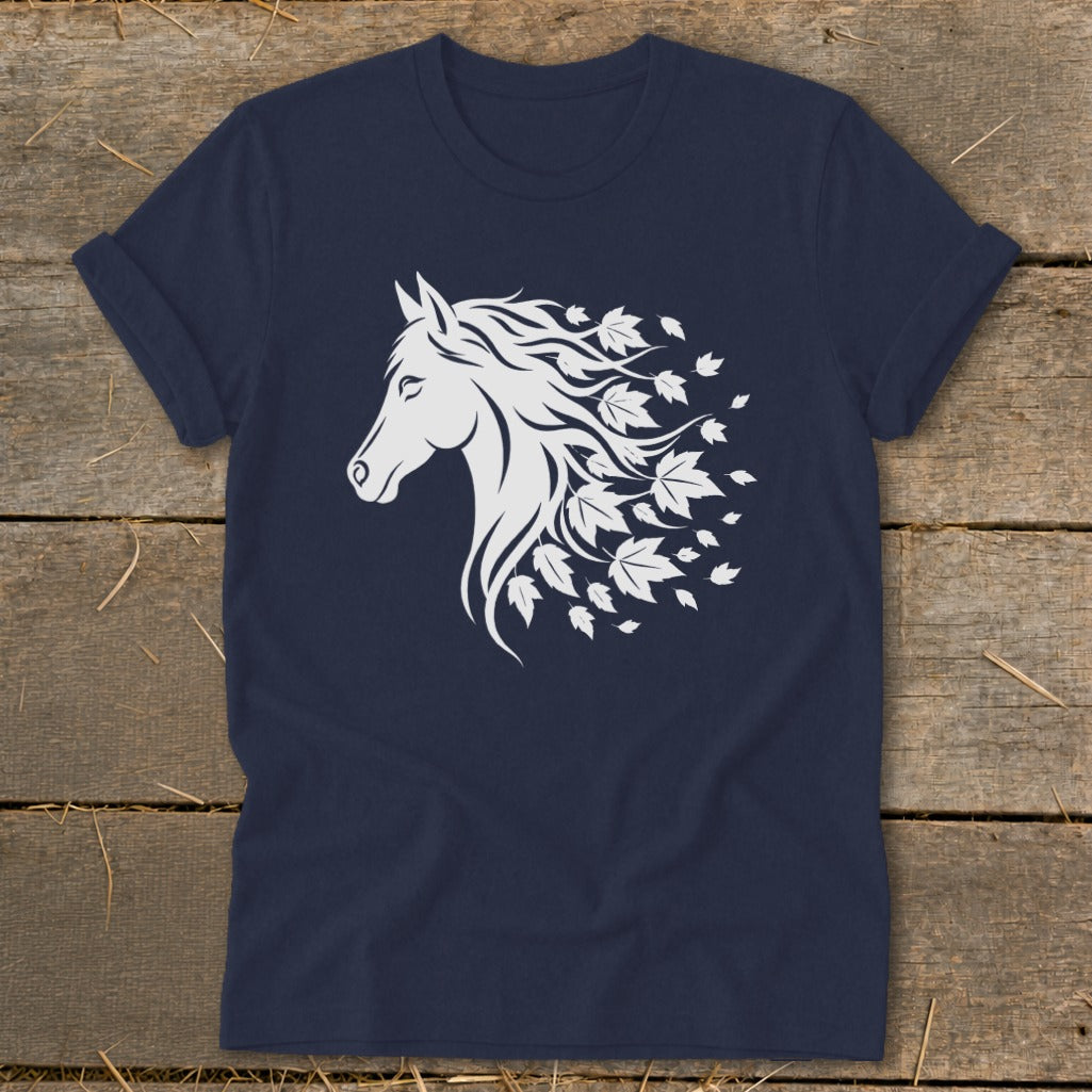 Navy t-shirt with a white graphic of a horse's head and flowing mane with leaves.