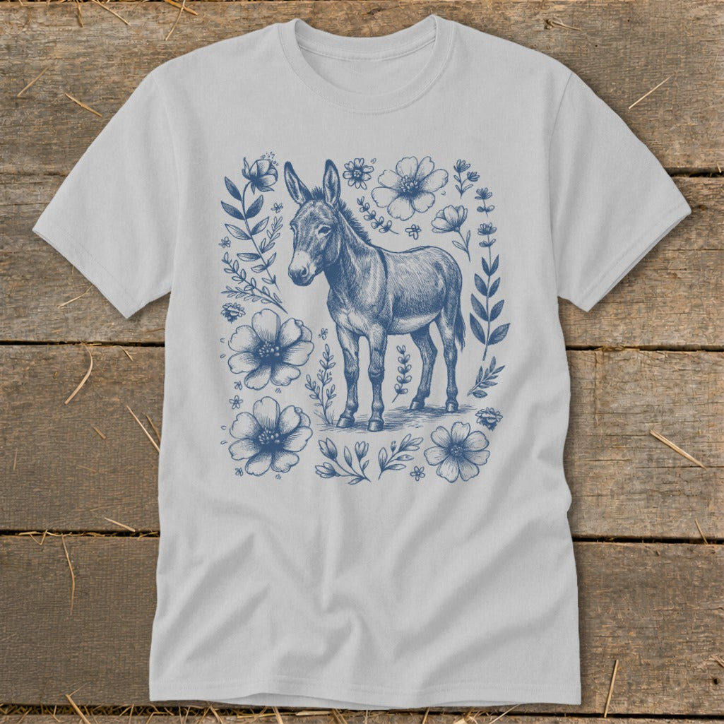 Light grey t-shirt featuring a blue line drawing of a donkey surrounded by flowers.