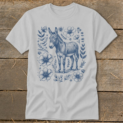 Light grey t-shirt featuring a blue line drawing of a donkey surrounded by flowers.