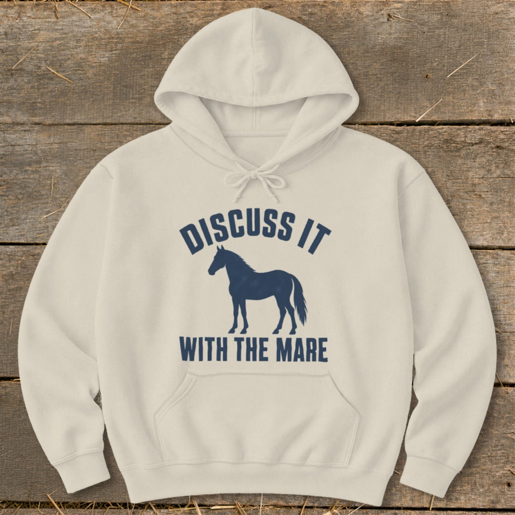 Cream hoodie with "Discuss it with the mare" text and a horse silhouette.